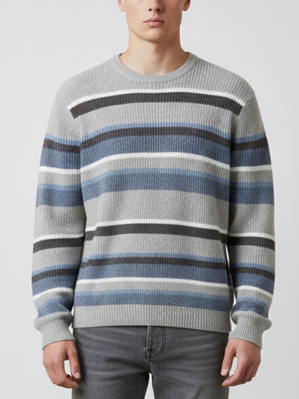 Men's Grey Striped Crewneck Sweater with Blue Accents